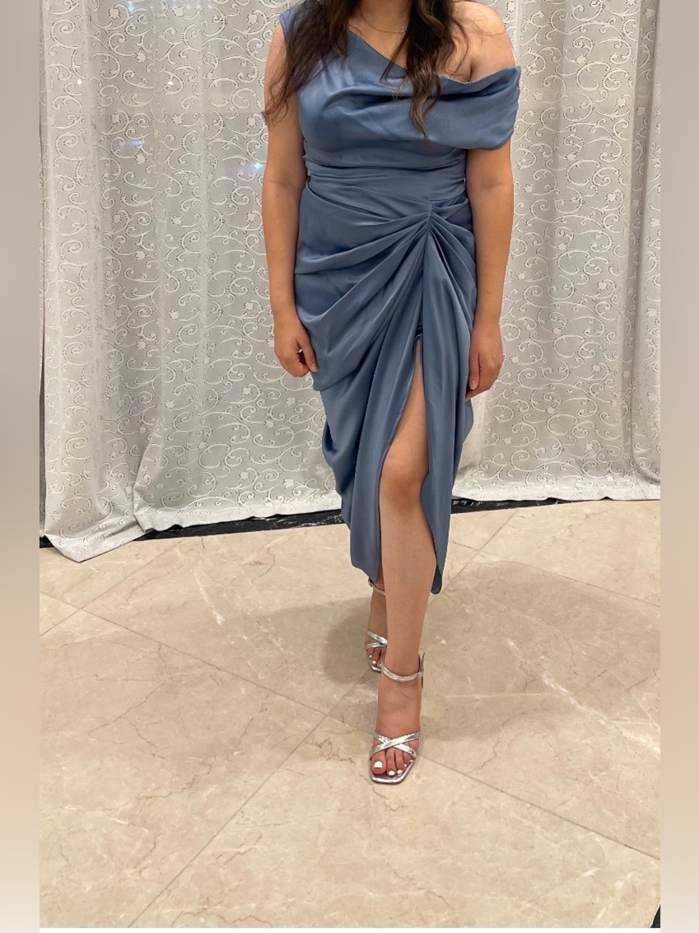 BABY BLUE SATIN OFF THE SHOULDER DRAPED SKIRT MIDI
